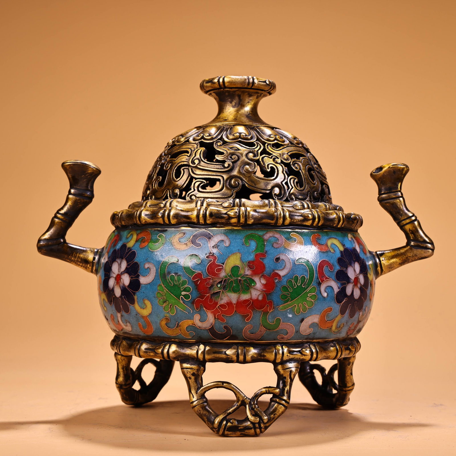 Pure copper, high-relief engraving, gilded cloisonne enamel incense burner (1 of 9)