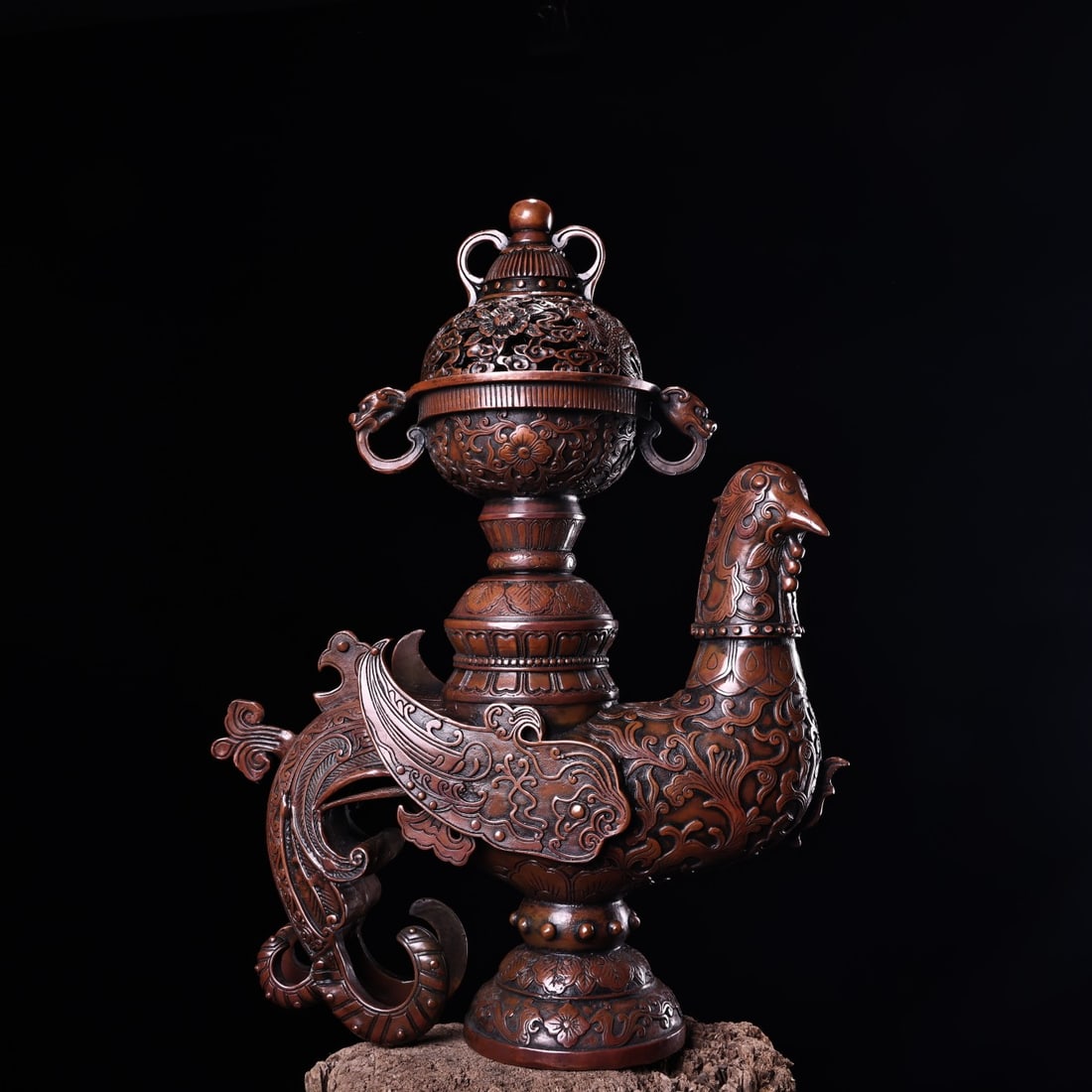 Rare antique pure bronze phoenix-shaped incense burner with high relief engraving. (1 of 8)