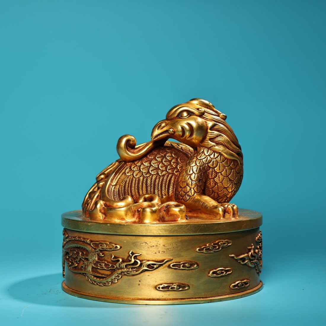 Rare antique pure copper high-relief engraved and fully gilded phoenix seal. (1 of 9)