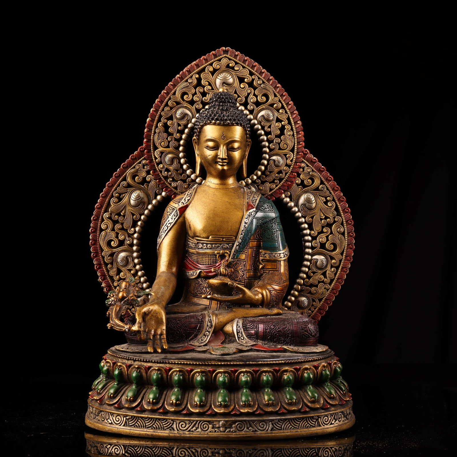 A rare Tibetan Medicine Buddha statue, crafted with traditional high-relief carving, engraving, (1 of 9)