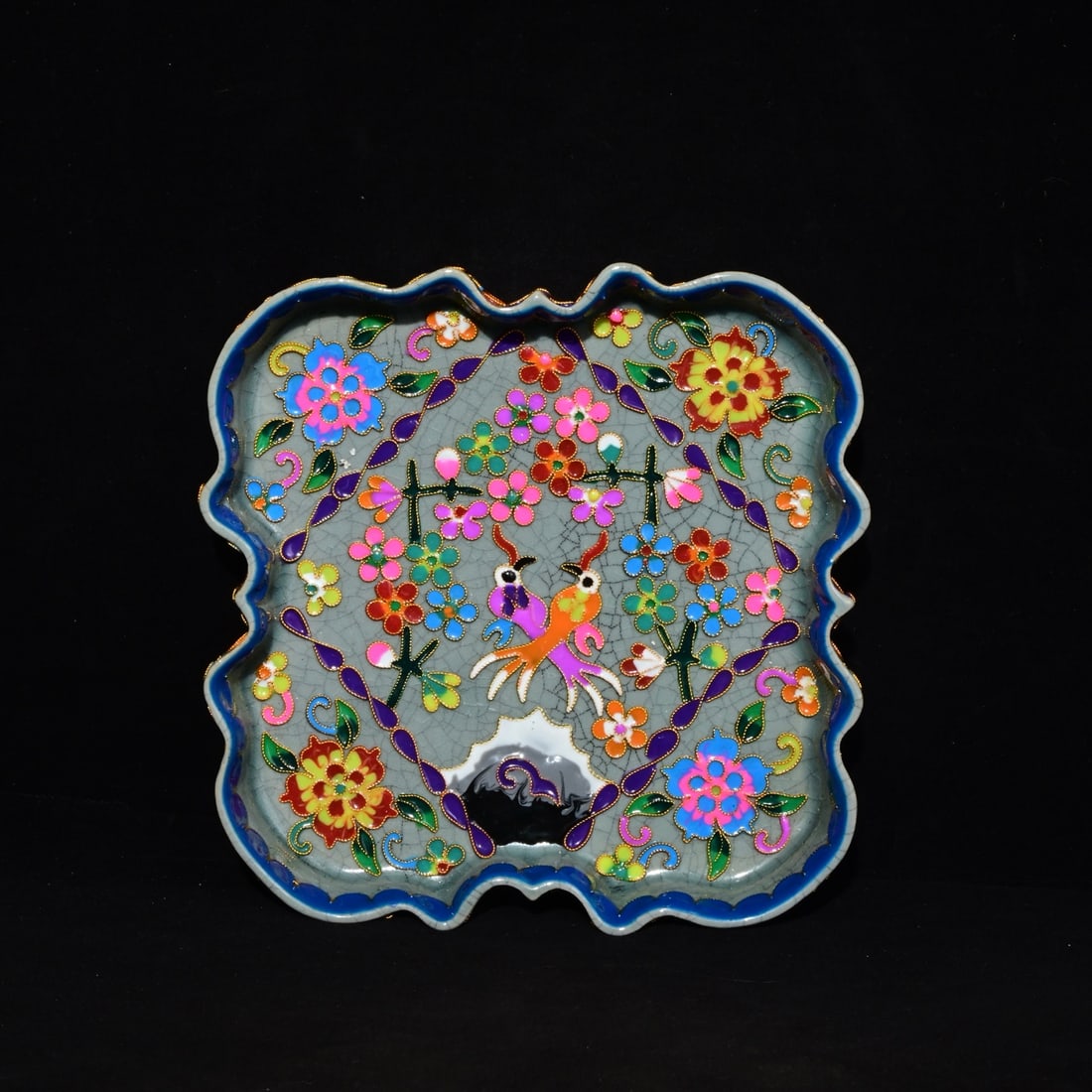 Song Dynasty Ru ware, Qing Dynasty Liangsi imperial mark cloisonne enamel flower and bird pattern: A Song Dynasty Ru ware washer with cloisonne enamel decoration and floral and bird design, bearing the mark of "Imperial Made in Liangsi" from the Qing Dynasty. Height: 3.5 x 18.2 cm. Provenance:Priva