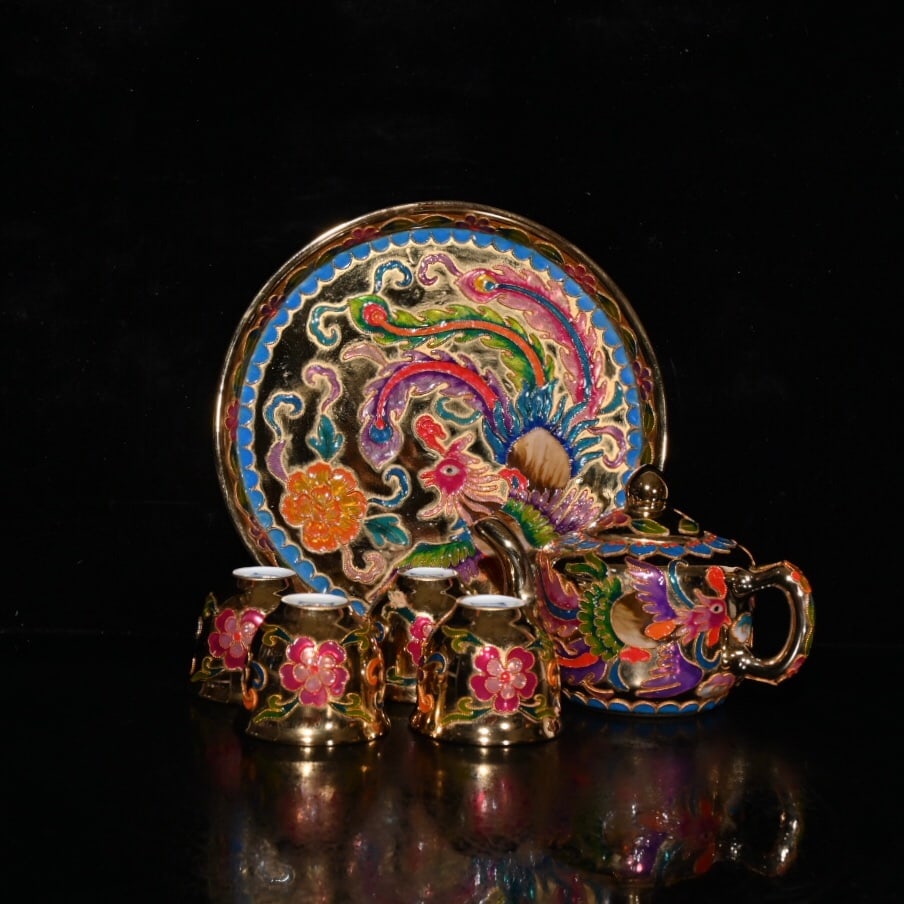 Ming Dynasty Chenghua Gilt Five-Color Filigree Phoenix Pattern Tea Set (1 of 9)