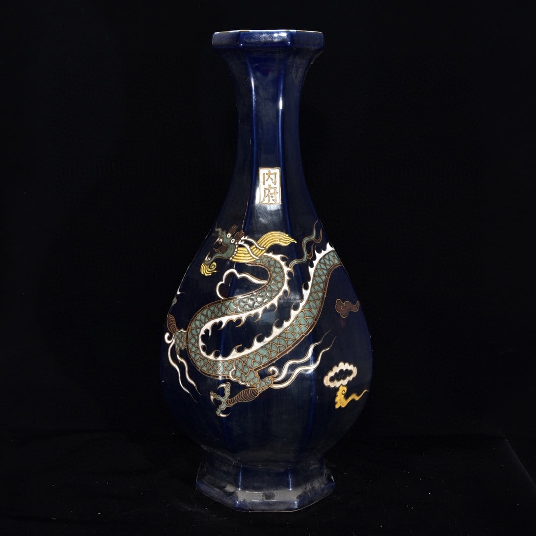 Ming Dynasty Blue Glazed Five-Color Dragon Pattern Octagonal Vase: Ming Dynasty Blue-Glazed Five-Color Dragon Pattern Octagonal Vase, 62 x 28 cm Provenance:Mrs.Jennifer , Minneapolis, Minnesota. Collected by her late husband. Our dedicated team expertly handles both