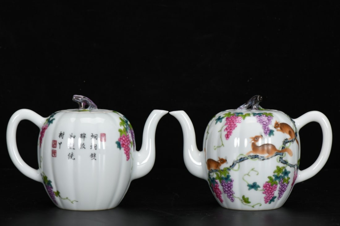 Qing Dynasty, Qianlong Period: Enamel-painted melon, lotus, squirrel, and grape teapot (1 of 9)