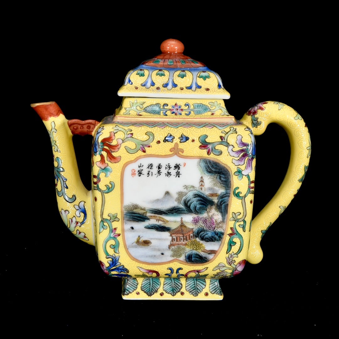 Qing Dynasty Yongzheng period enamel painted pot with landscape, pavilion and tower design (1 of 9)