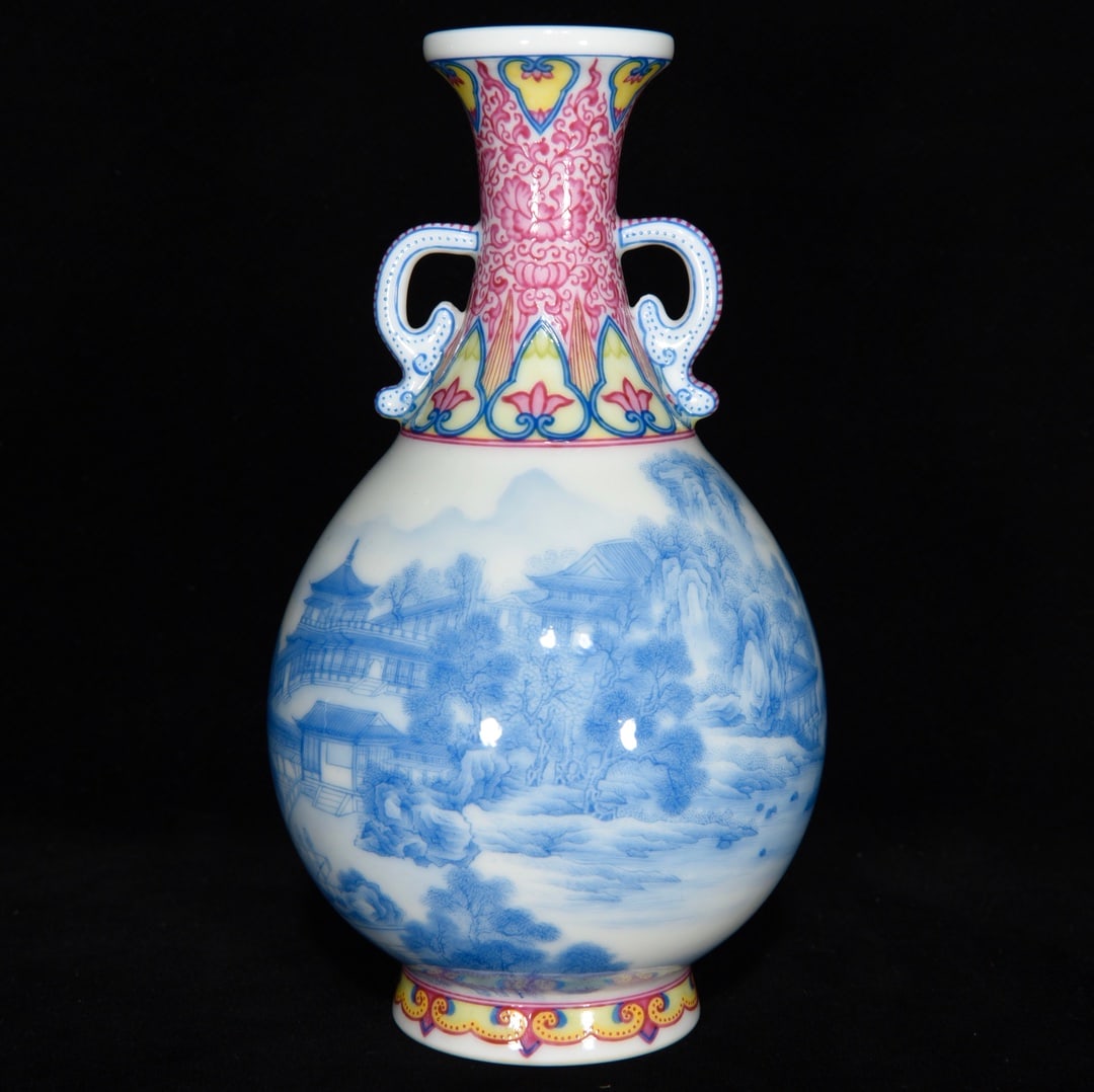 A double-eared vase with blue enamel landscape, pavilion, and tower design from the Qianlong period (1 of 9)