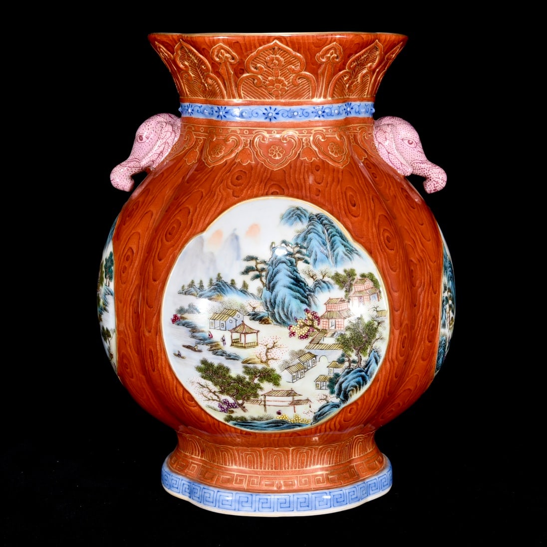 A Qianlong period (1720-1765) famille rose vase with wood grain glaze and openwork design, featuring (1 of 9)