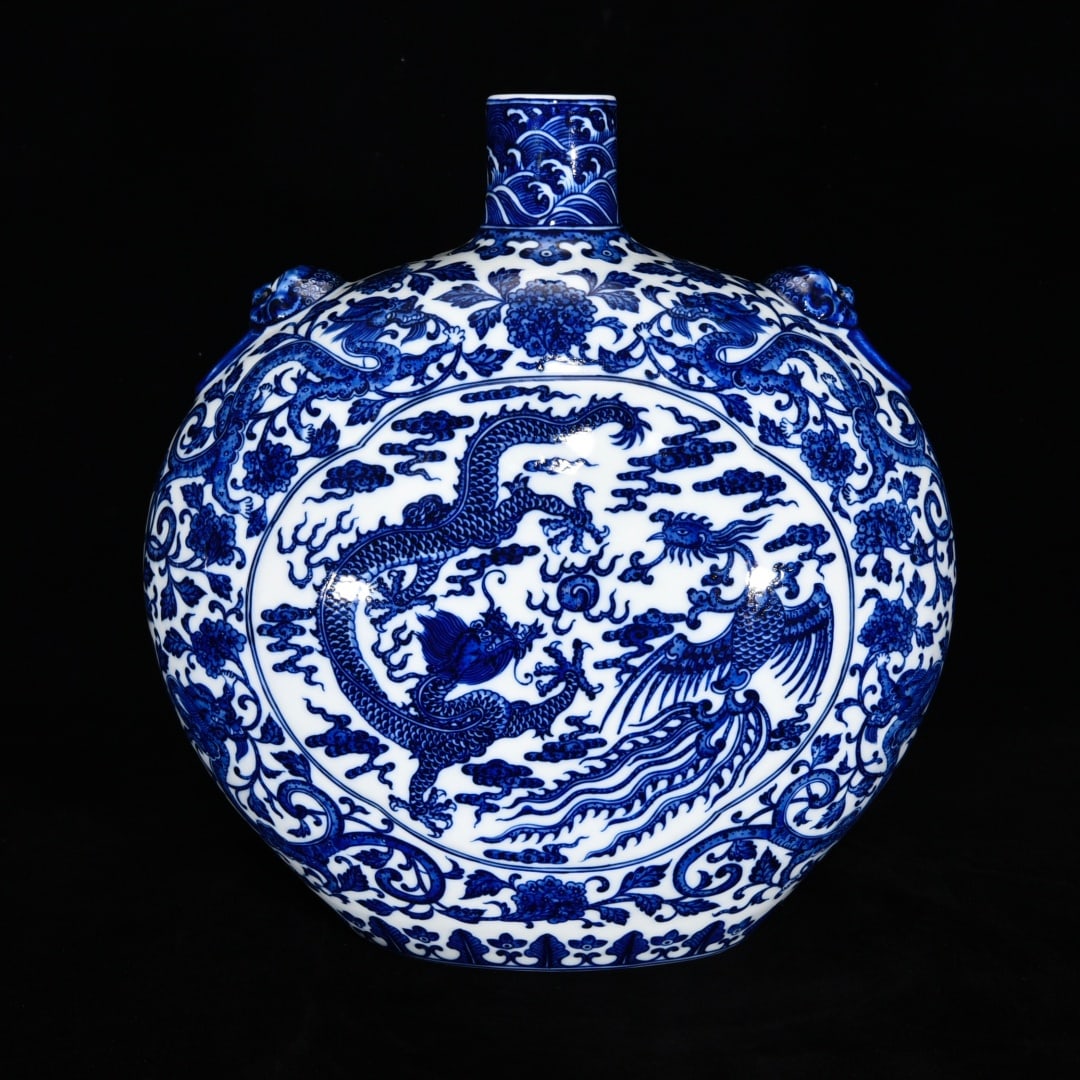 Qing Dynasty Qianlong Blue and White Dragon and Phoenix Pattern Flat Bottle with Animal Ears (1 of 9)