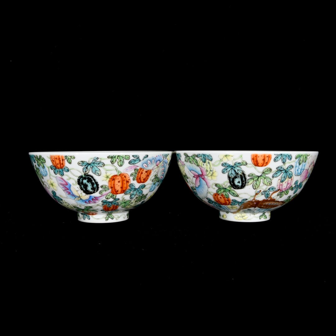 Qing Dynasty Yongzheng period famille rose bowl with melon and butterfly design: A Qing Dynasty Yongzheng period famille rose bowl with melon and butterfly design, 7 x 14.6 cm Provenance:Private Estate, San Diego, California. Our dedicated team expertly handles both domestic and g
