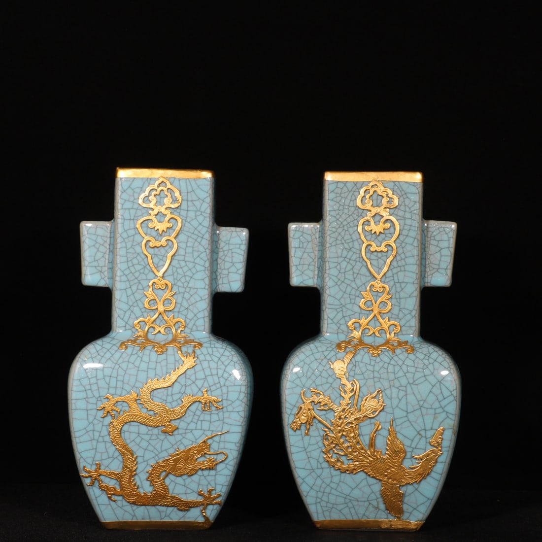 Song Dynasty Ge Ware Gilded Dragon and Phoenix Auspicious Vase with Pierced Handles (1 of 9)