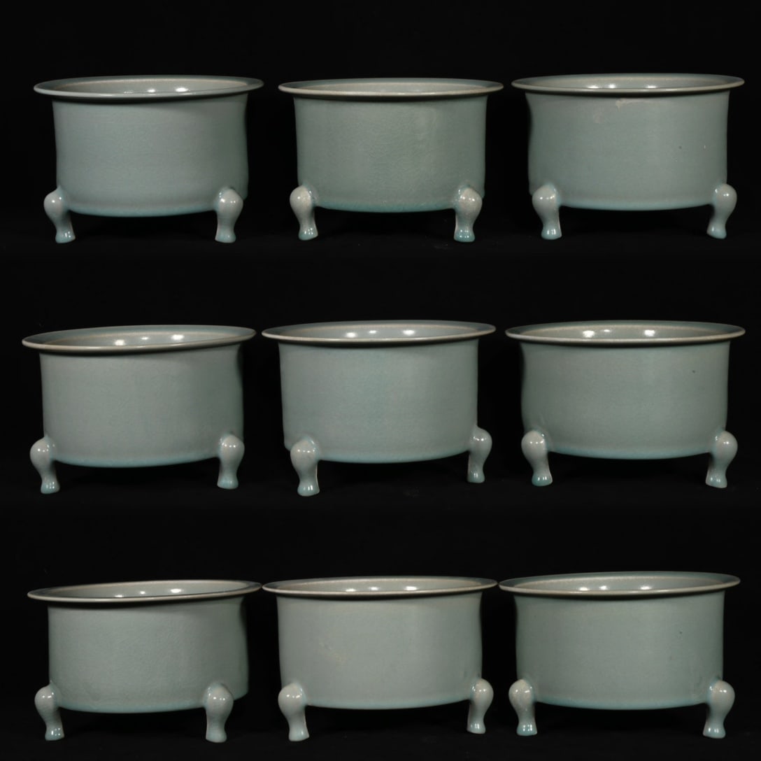 set of nine dragon-shaped tripod censers from the Song Dynasty Ru ware period. (1 of 16)