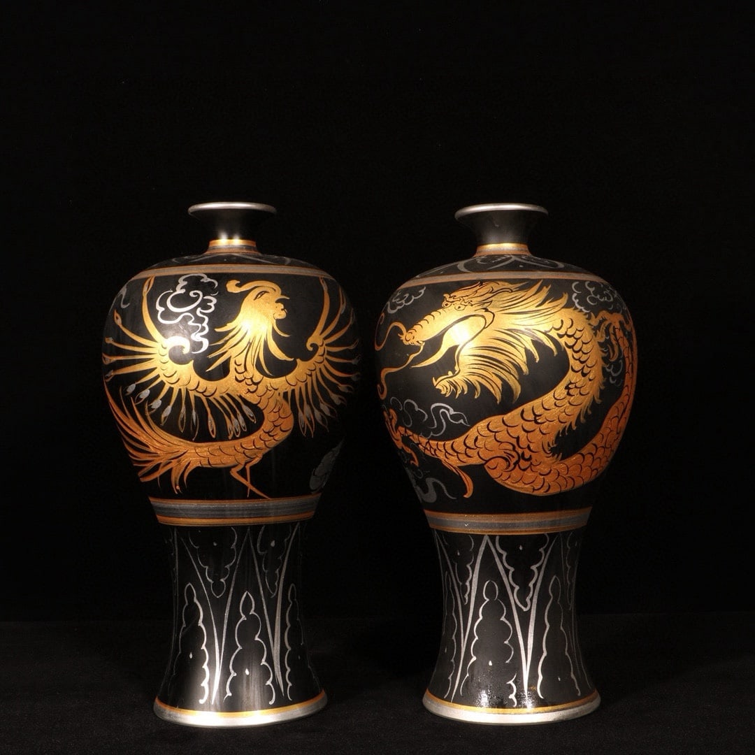 Song Dynasty Ru ware plum vase with gold and silver dragon and phoenix design: A Song Dynasty Ru ware plum vase decorated with gilt and silver dragon and phoenix designs; dimensions: height 30 cm, diameter 14.5 cm. Provenance:Private collection, Cliffside Park, New Jersey. Our d