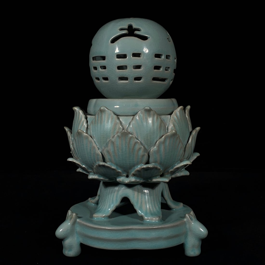 Song Dynasty Ru Kiln Inscribed Openwork Lotus Incense Burner with Five Elements and Eight Trigrams: Song Dynasty Ru ware incense burner with openwork design of five elements and eight trigrams, lotus pattern, 27 cm high and 16 cm in diameter. Provenance:Private Estate, Honolulu, Hawaii. Our dedicate