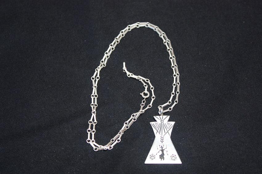 Native American Tepee Pendant, Sterling Silver, Signed: Navajo Pendant, in Sterling Silver and signed what looks to be T AB or J AB, with a kokopelli dancer on a tepee shaped pendant, chain measures about 23" and pendant 1.5", shipping is $5 with tracking