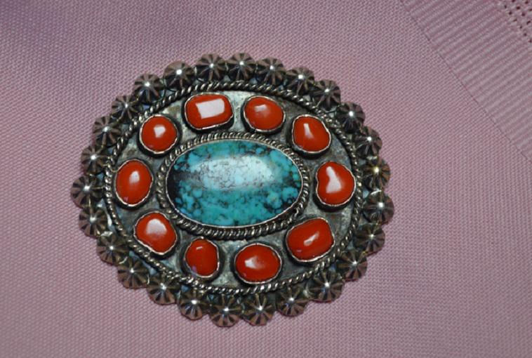 Navajo Gilbert Tom Oval Turquoise and Coral Pin, 2 1/2" (1 of 2)