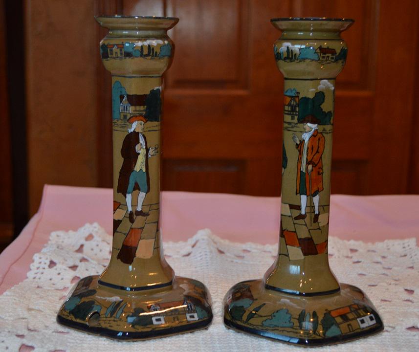 Pair Deldare Buffalo Pottery Candlesticks- 9 1/4" tall (1 of 4)