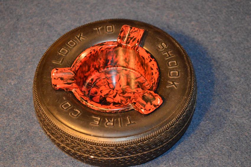 1940's Shook Tire Ashtray Premium: Measuring about 6" across, a nice vintage give away for Shook Tires, minimal if any signs of ever being used, would date back to the 1940's-1950's. Shipping Priority Mail for $10.