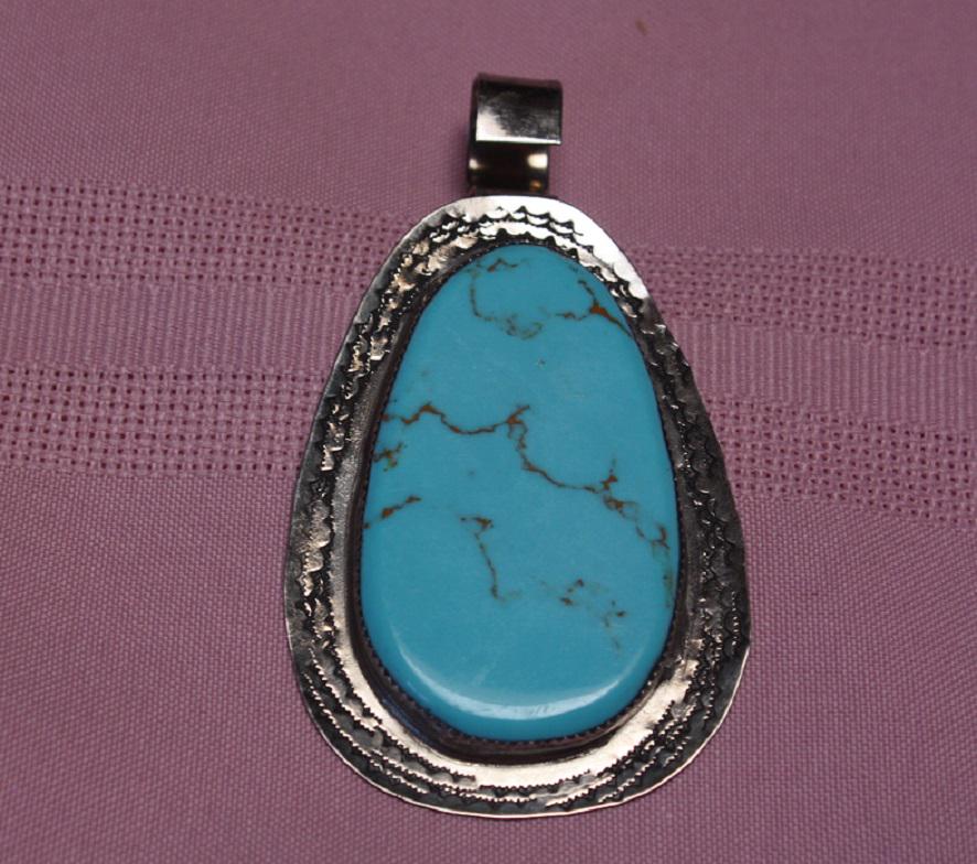 Signed Sterling Large Turquoise Pendant 3.5" (1 of 5)