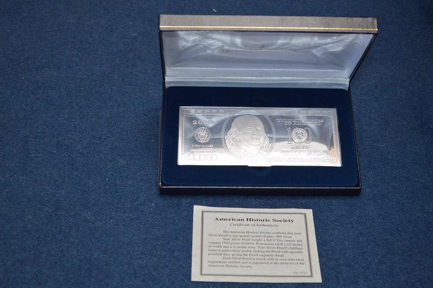 4 Ounce $100 Bill Franklin in .999 Silver-American: In pure .999 Silver, and from the American Historical Society, is this Franklin $100 Bill, with Certificate of Authenticity. In the Original Case, can ship using a Flat Rate Priority Mailbox for $7.