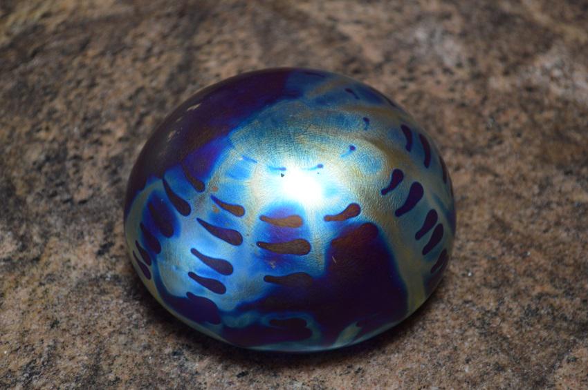 Art Glass Paperweight-Aurene effect, Lovely: Measuring about 5" across and 2 1/2" high, this really lovely paperweight with blues and swirls looks so much Aurene, unmarked. Shipping Priority Mail with Tracking for $8