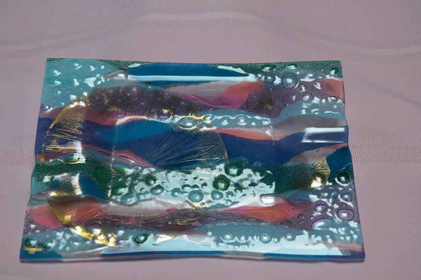 Higgins Glass Multi color Tray 10" by about 7", signed: From the Studio of Francis and Michael Higgins, here is a multi color tray, measuring about 10" by 6 7/8" and about an inch high. With the Gold Higgins mark on the face, great colors, excellent condit