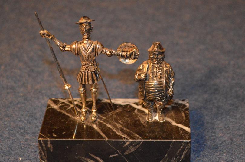 Sterling Silver Don Quixote and Sancho Pancho on Marble: On a marble base measuring 2" by 4" and total height with base is 4", is this Made in Spain Sterling Silver Don Quixote with his sidekick Sancho Panza. Definitely needs a good polishing, or probably d