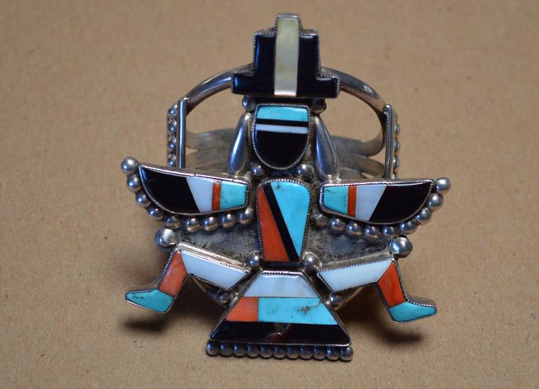 Signed XL Zuni Dancing Man Large Cuff- Sterling-Coral (1 of 5)