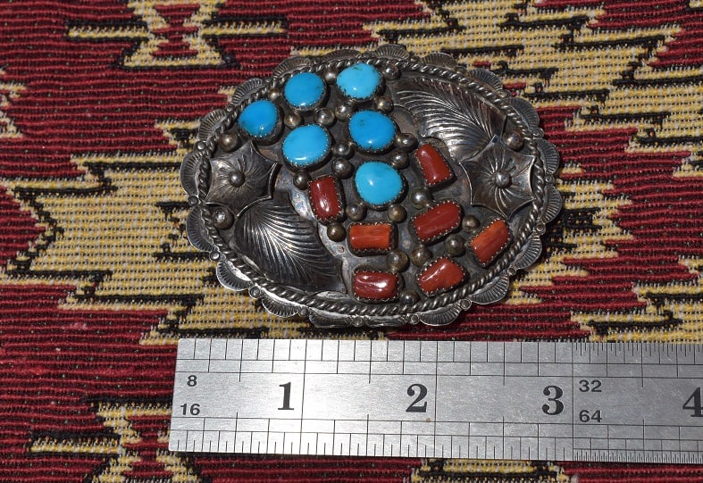 Navajo Sterling Silver Belt Buckle, Coral and Turquoise, Signed B: Navajo Sterling Silver Belt Buckle, Signed Sterling and Silversmith B, with turquoise and coral, ornate design, measures 3" by 2 1/2", if desired could use a good polishing. Always leave items "As Con