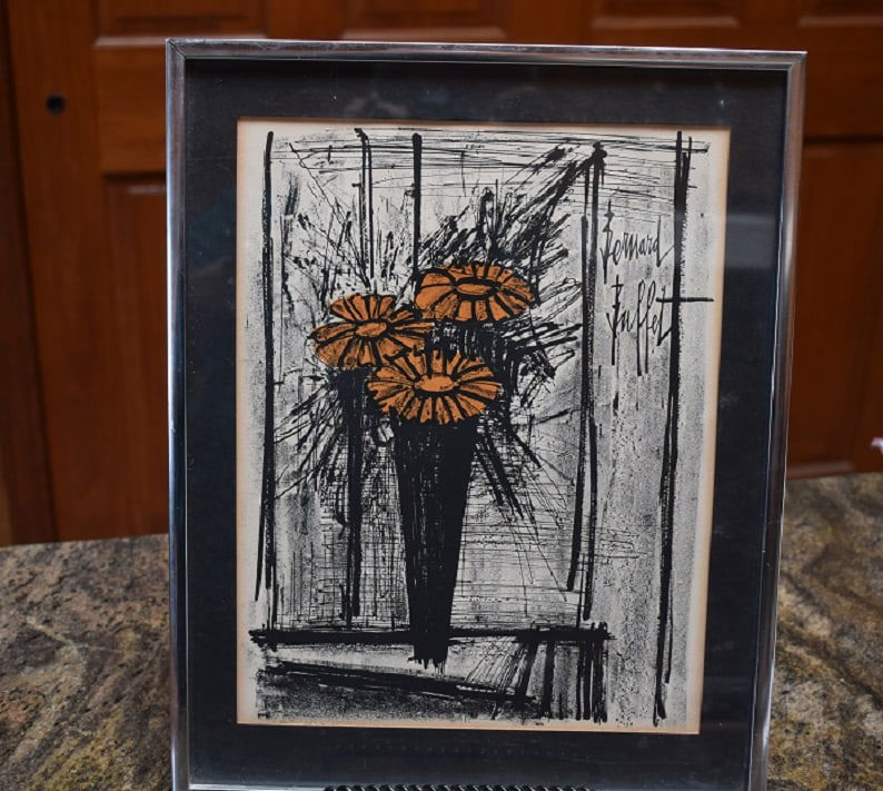 Bernard Buffet- Flower , Original Lithograph with COS: An Original Lithograph titled Flower by Bernard Buffet, has COA on reverse of frame, framed measured 11 1/4" by 14 1/4", Exposed Art is 8 3/4" by 11 1/4",