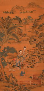 Qiu Ying's silk landscape figure painting scroll in the Qing Dynasty of China: H:138.5cm,W:67.5cm,