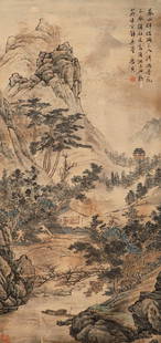 Chinese ancient Tang Yin paper landscape painting axis: H:138.5cm,W:67cm,