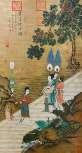 Ancient Chinese Tang Yin silk painting of Tang Palace ladies: H:133.9cm,W:73.4cm,