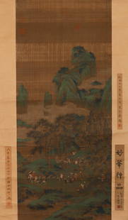 Ancient Chinese unknown silk paintings of green landscape figures: H:105cm,W:45cm,