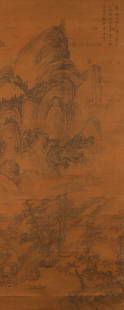 Ancient Chinese Tang Yin silk landscape painting axis: H:158.5cm,W:64.5cm,