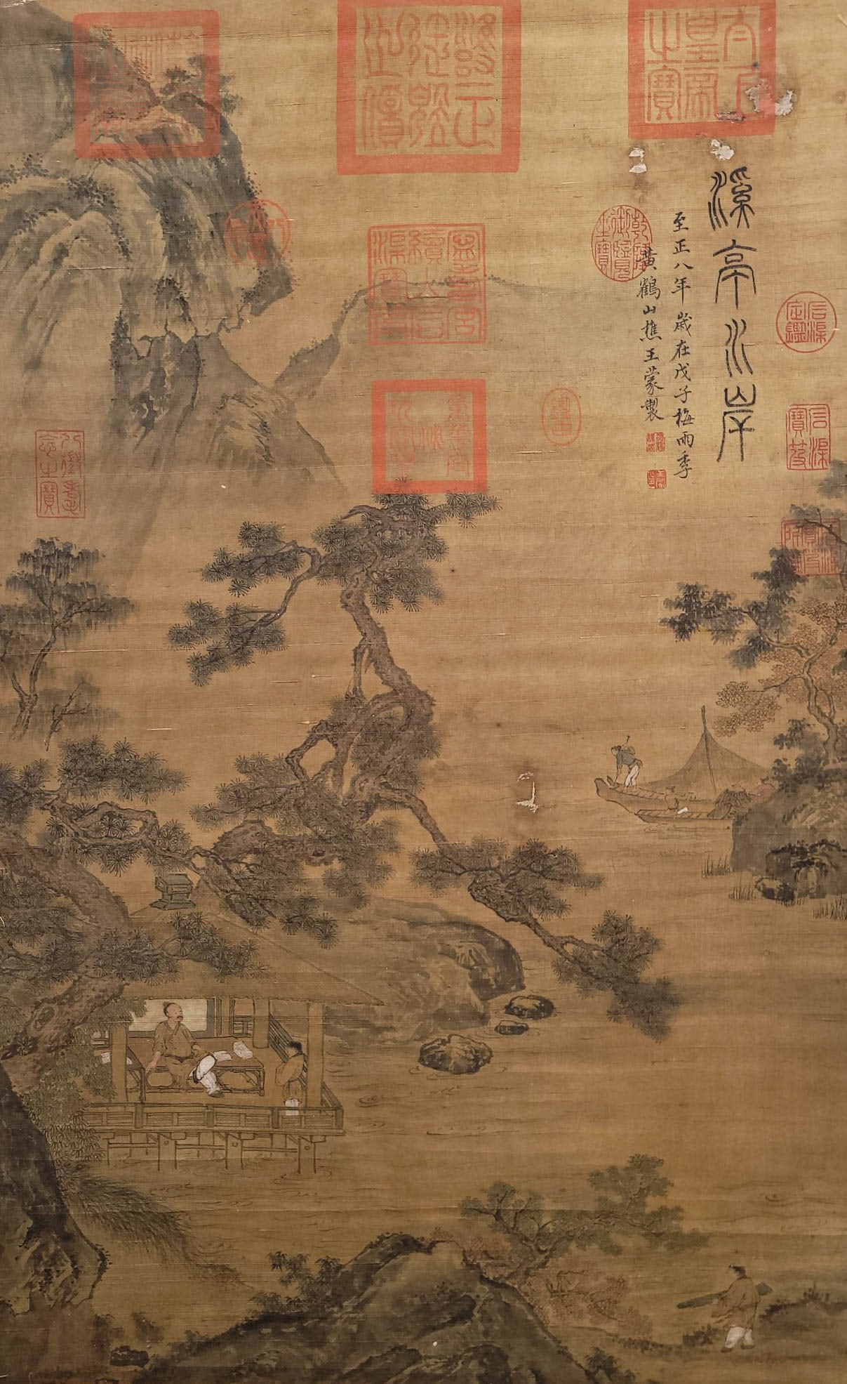 Chinese ink painting Wang Meng silk Benxi Pavilion waterfront map: Height: 80 cm, width: 49 cm