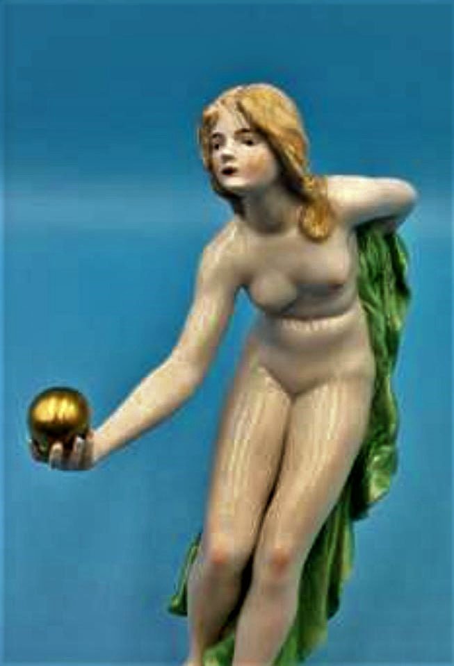 Scheibe Alsbach Kister "Ball Player" Porcelain figurine by Walter Schott (German, 1861-1938): "Ball Player"Porcelain figurine designed by sculptor Walter Schott (German, 1861-1938) in 1897. Manyfactured by Scheibe Alsbach Kister in first half of 20th century. Measures 8"H x 5"L x 3"W. Marked o