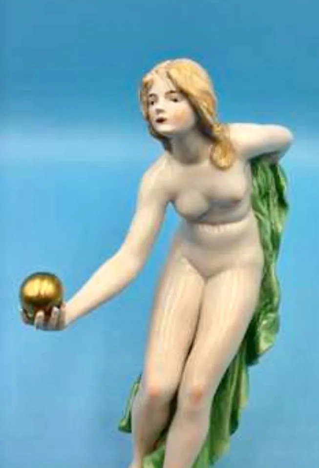 Scheibe Alsbach Kister "Ball Player" Porcelain figurine by Walter Schott (German, 1861-1938): "Ball Player"Porcelain figurine designed by sculptor Walter Schott (German, 1861-1938) in 1897. Manyfactured by Scheibe Alsbach Kister in first half of 20th century. Measures 8"H x 5"L x 3"W. Marked o