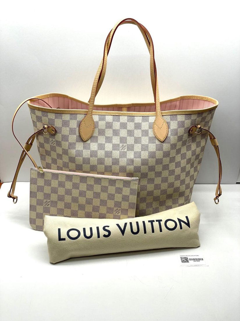 Louis Vuitton Neverfull MM Damier Azur Canvas Rose Ballerine Handbag & Wristlet (1 of 17)