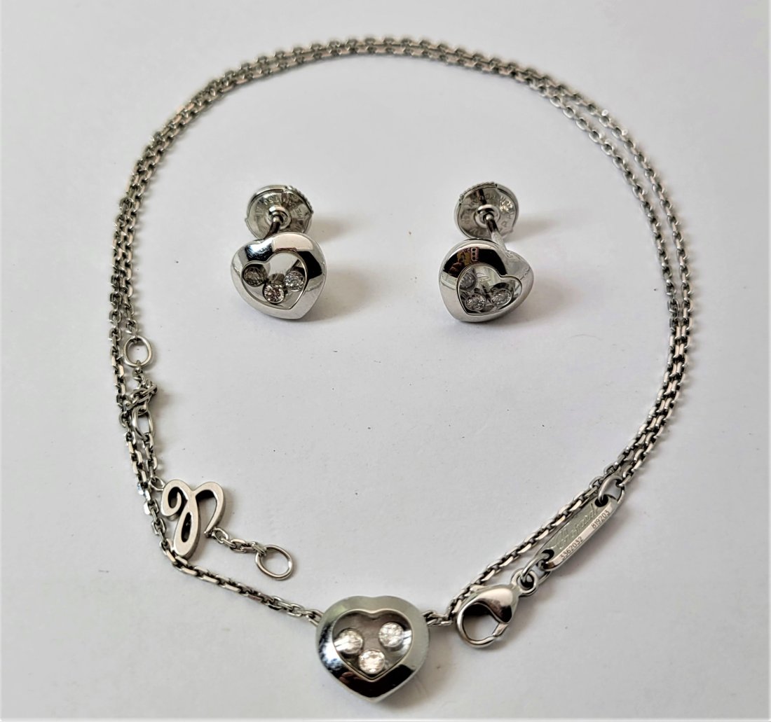 Womens Designer CHOPARD 18k Heart 3-Diamond Earrings + Necklace SET (1 of 20)