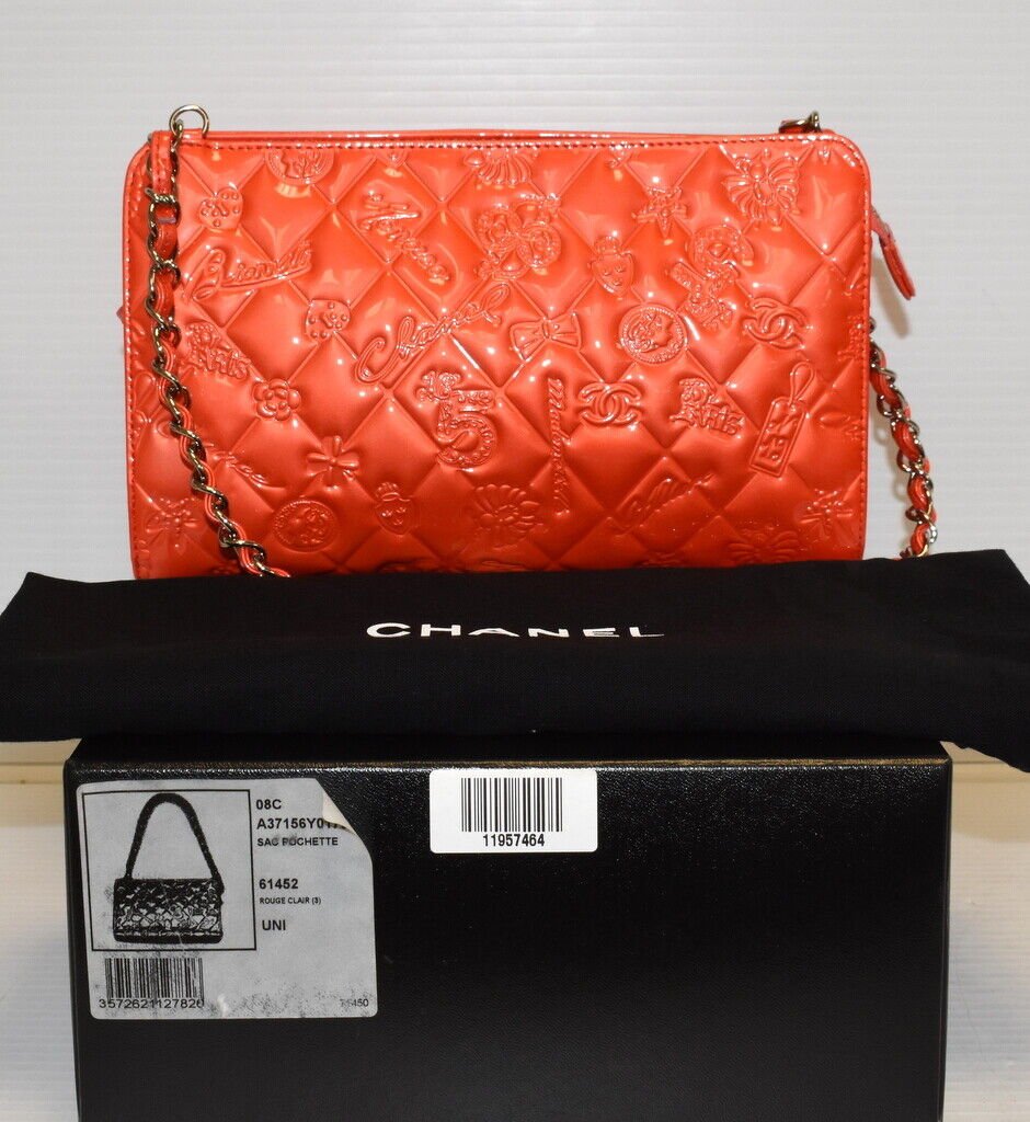 CHANEL Lucky Symbols Pochette Embossed Quilted Patent Orange (1 of 8)