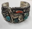 Navajo Sterling Silver Turquoise Coral Wolf Cuff Bracelet Native American 149.8 gram