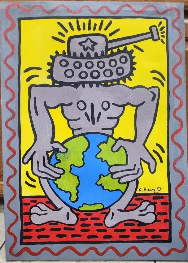 Keith Haring Nude Tank headed man covering private parts with earth: Painting oil on canvas 19.50x27.50 In the style of Keith Haring