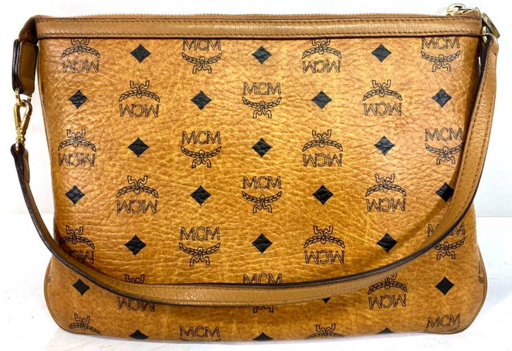Authentic Mcm Crossbody Pouch In Visetos Original Cognac Medium Size Pouch