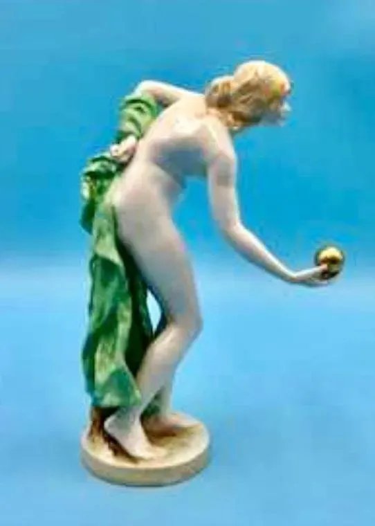 Scheibe Alsbach Kister "NUDE Ball Player" Porcelain figurine by Walter Schott (German, 1861-1938): "Ball Player"Porcelain figurine designed by sculptor Walter Schott (German, 1861-1938) in 1897. Manyfactured by Scheibe Alsbach Kister in first half of 20th century. Measures 8"H x 5"L x 3"W. Marked o