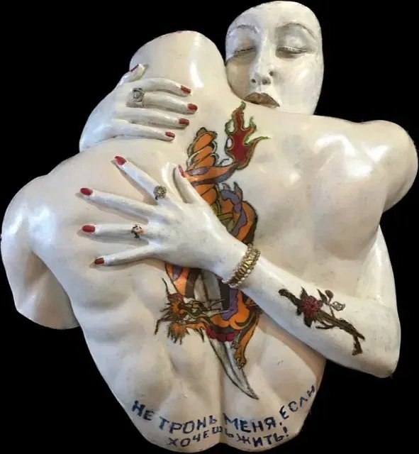 "Tattoo Lovers" Large Wall Statue Composition Signed: "Tattoo Lovers" , Large Wall Statue Composition .Made of heavy Papier-mache and Clay by local Florida artist . Writing on his back translate from Russian ( Do not touch me if you want to live ) Signed