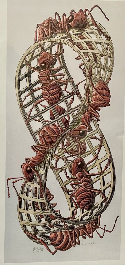 M.C. Escher ( Dutch 1898-1972) vintage Large Print: M.C. Escher vintage Large Print . Measures frame 20 in. x 26 in.Maurits Cornelis Escher was a Dutch graphic artist who made mathematically inspired woodcuts, lithographs, and mezzotints. in excellent