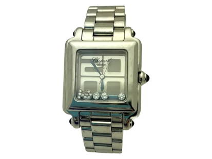 CHOPARD Geneve "Happy 2000" Women's Watch | Floating Diamonds: Movement: Quartz; Case Material: Stainless Steel; Case Size: 27*26 mm; 36 mm Lug to lug; Thickness: 8.5 mm; Dial: Silver color with Blue color hands; Date on 6 o?clock; Bracelet: Stainless Steel with