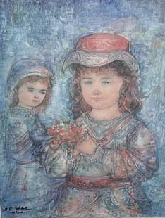 Edna Hibel (American 1917 -  2014)  Exclusive Giclee on watercolor paper Limited edition 400 W/COA: Artist Edna Hibel Plotkin (American 1917 - 2014) is famous for her Mother and Children series of paintings. Exclusive giclee on watercolor paper of an original oil by Edna Hibel. Limited edition of 40