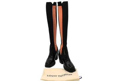 Louis Vuitton Chelsea Black Brown High Boots Size 39. Made in Italy: Louis Vuitton LV Monogram Black Brown Boots ,This chunky-heeled high boot with colored elastic inserts combines elements from both Chelsea boots and biker boots into a cutting-edge yet easy-to-wear de