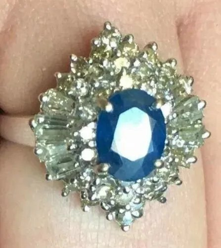 Ring Diamonds 2.15 CT Blue Sapphire 1.47 CT 18K White Gold Ladies (1 of 5)